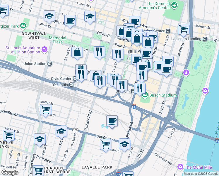 map of restaurants, bars, coffee shops, grocery stores, and more near 1014 Spruce Street in St. Louis