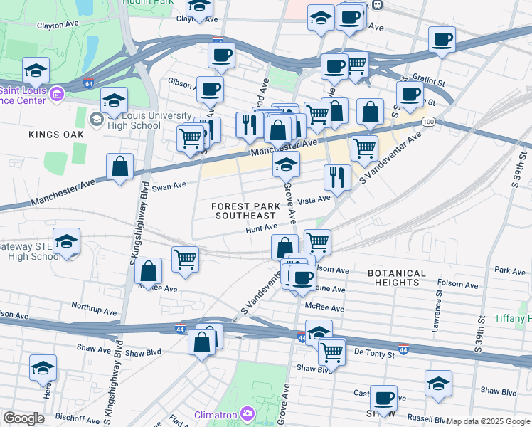 map of restaurants, bars, coffee shops, grocery stores, and more near 4349 Hunt Avenue in St. Louis