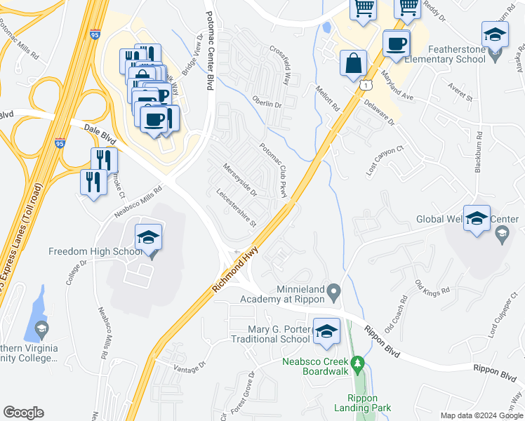 map of restaurants, bars, coffee shops, grocery stores, and more near 2289 Kew Gardens Drive in Woodbridge