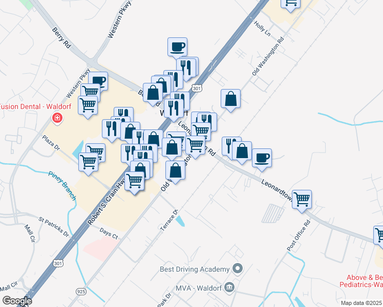 map of restaurants, bars, coffee shops, grocery stores, and more near 3200 Old Washington Road in Waldorf