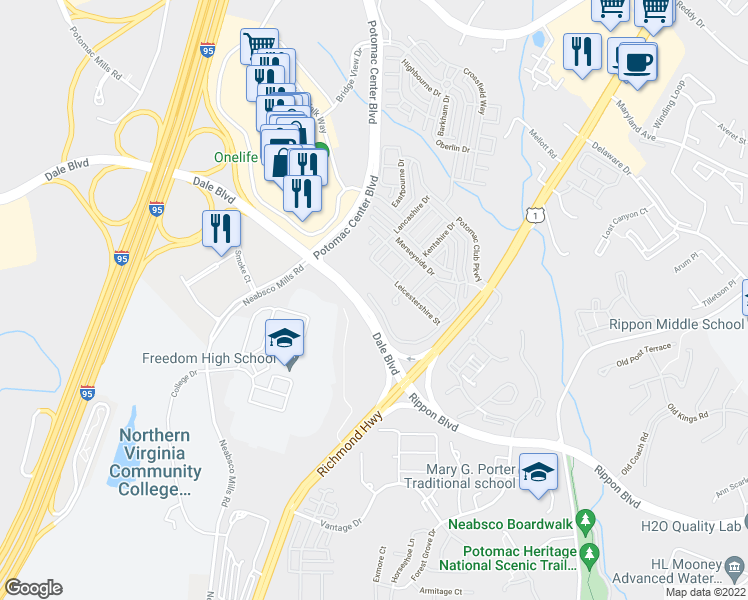 map of restaurants, bars, coffee shops, grocery stores, and more near 15203 Leicestershire Street in Woodbridge