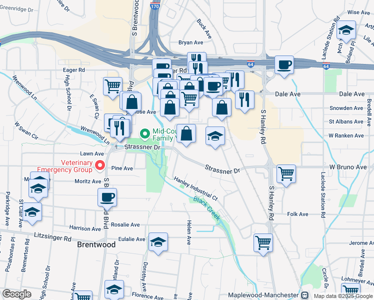 map of restaurants, bars, coffee shops, grocery stores, and more near 1429 Strassner Drive in Brentwood