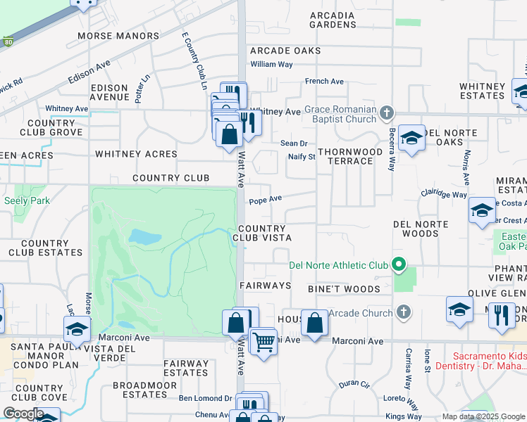 map of restaurants, bars, coffee shops, grocery stores, and more near 3416 Harger Court in Sacramento