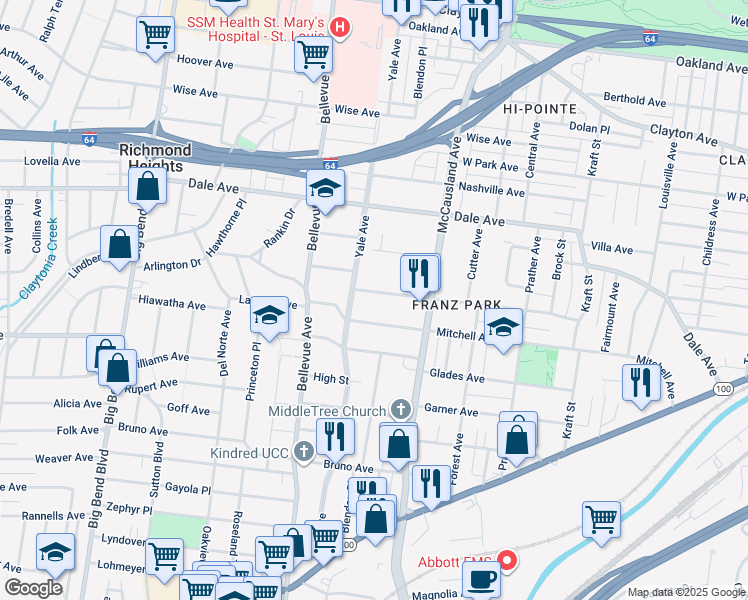 map of restaurants, bars, coffee shops, grocery stores, and more near 7061 Mitchell Avenue in Richmond Heights
