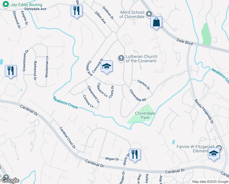 map of restaurants, bars, coffee shops, grocery stores, and more near 15107 Costa Drive in Woodbridge