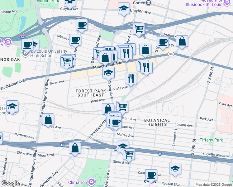 map of restaurants, bars, coffee shops, grocery stores, and more near 4254 Vista Avenue in St. Louis