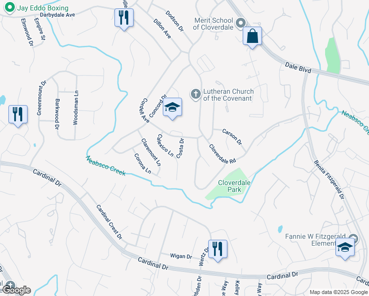 map of restaurants, bars, coffee shops, grocery stores, and more near 15107 Costa Drive in Woodbridge
