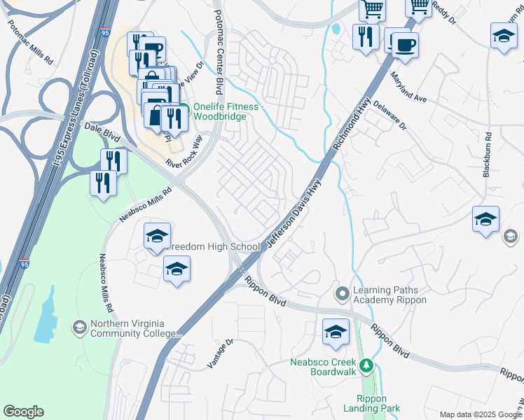map of restaurants, bars, coffee shops, grocery stores, and more near 2329 Kew Gardens Drive in Woodbridge