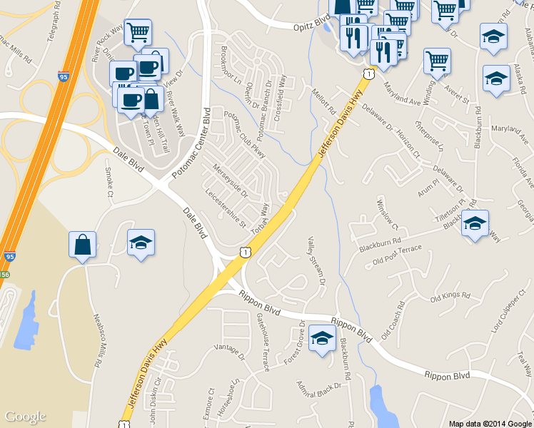 map of restaurants, bars, coffee shops, grocery stores, and more near 15213 Torbay Way in Woodbridge