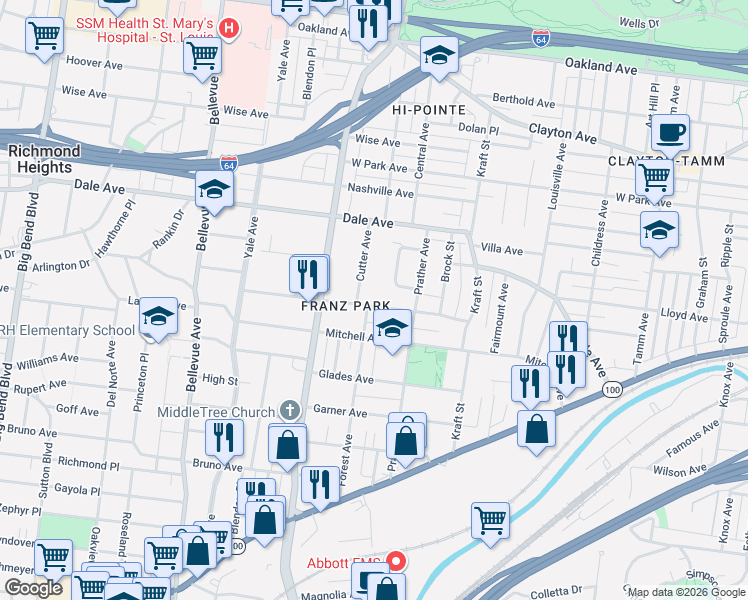 map of restaurants, bars, coffee shops, grocery stores, and more near in St. Louis
