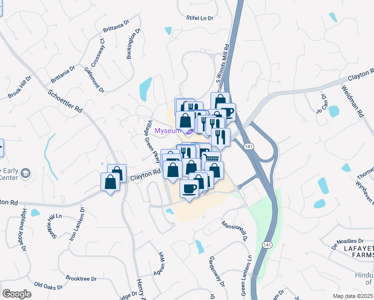 map of restaurants, bars, coffee shops, grocery stores, and more near 2237 Ole Castle Court in Chesterfield