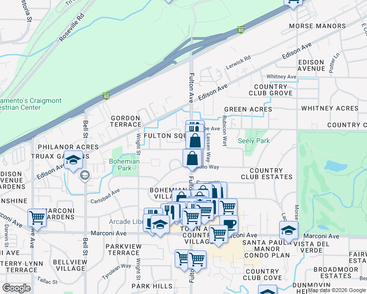 map of restaurants, bars, coffee shops, grocery stores, and more near 2557 Michelle Drive in Sacramento