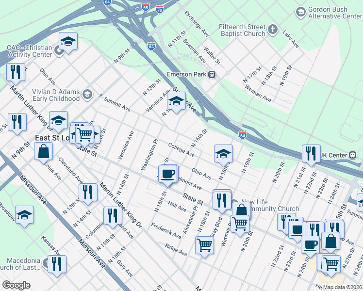 map of restaurants, bars, coffee shops, grocery stores, and more near 1520 College Avenue in East St. Louis
