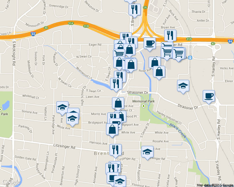 map of restaurants, bars, coffee shops, grocery stores, and more near 1921 S Brentwood Blvd in St Louis