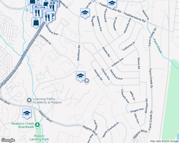 map of restaurants, bars, coffee shops, grocery stores, and more near 1705 Iowa Court in Woodbridge