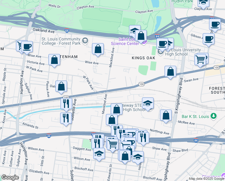 map of restaurants, bars, coffee shops, grocery stores, and more near 5399 Aero Drive in St. Louis