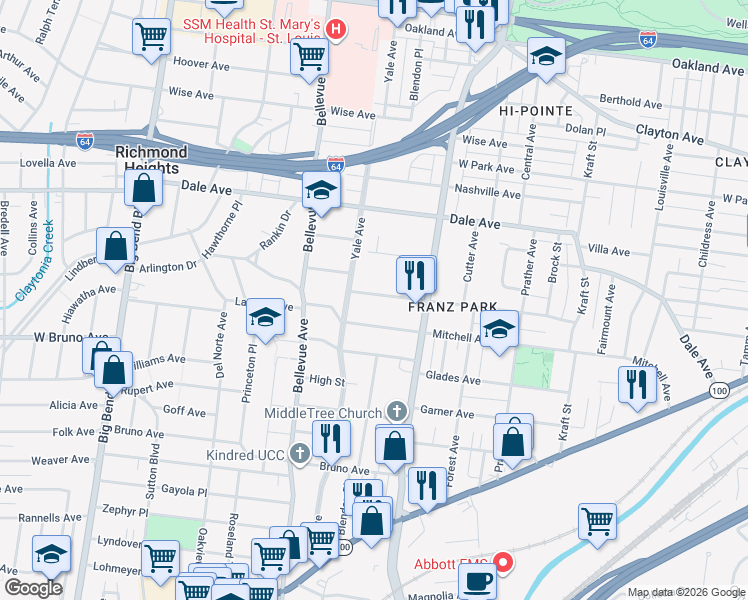 map of restaurants, bars, coffee shops, grocery stores, and more near 7100 Plateau Avenue in Richmond Heights