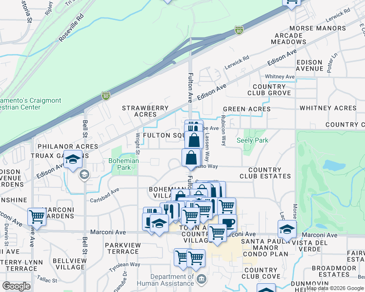 map of restaurants, bars, coffee shops, grocery stores, and more near 2561 Michelle Drive in Sacramento