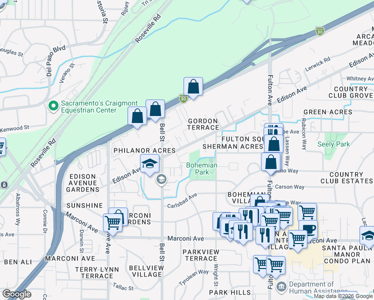 map of restaurants, bars, coffee shops, grocery stores, and more near 2350 Church Avenue in Sacramento