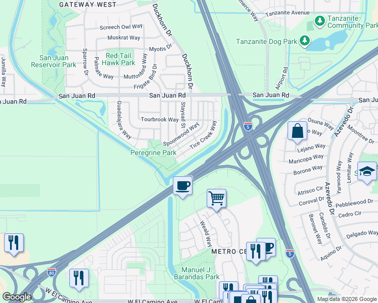 map of restaurants, bars, coffee shops, grocery stores, and more near 3080 Tice Creek Way in Sacramento