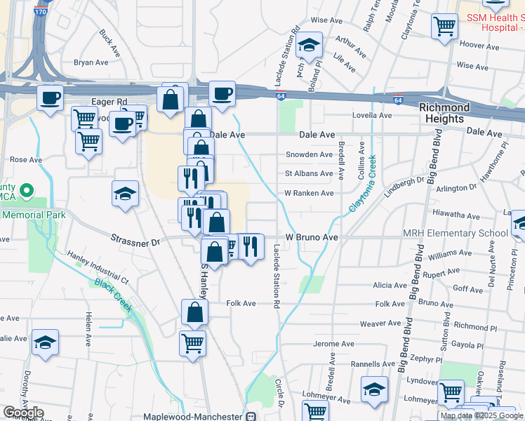 map of restaurants, bars, coffee shops, grocery stores, and more near 1701 Laclede Station Road in St. Louis