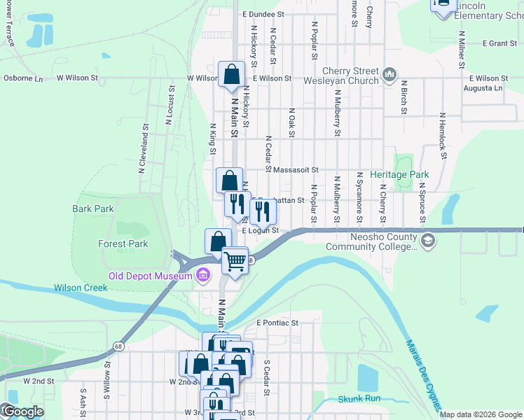map of restaurants, bars, coffee shops, grocery stores, and more near 507 North Hickory Street in Ottawa