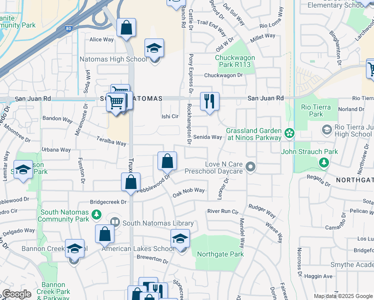 map of restaurants, bars, coffee shops, grocery stores, and more near 3151 Ashley Way in Sacramento