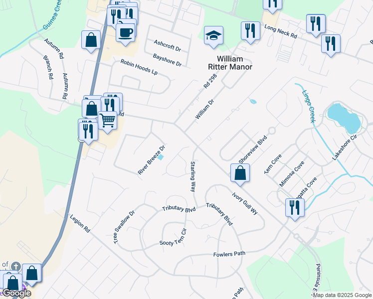 map of restaurants, bars, coffee shops, grocery stores, and more near 25152 Tanager Lane in Millsboro