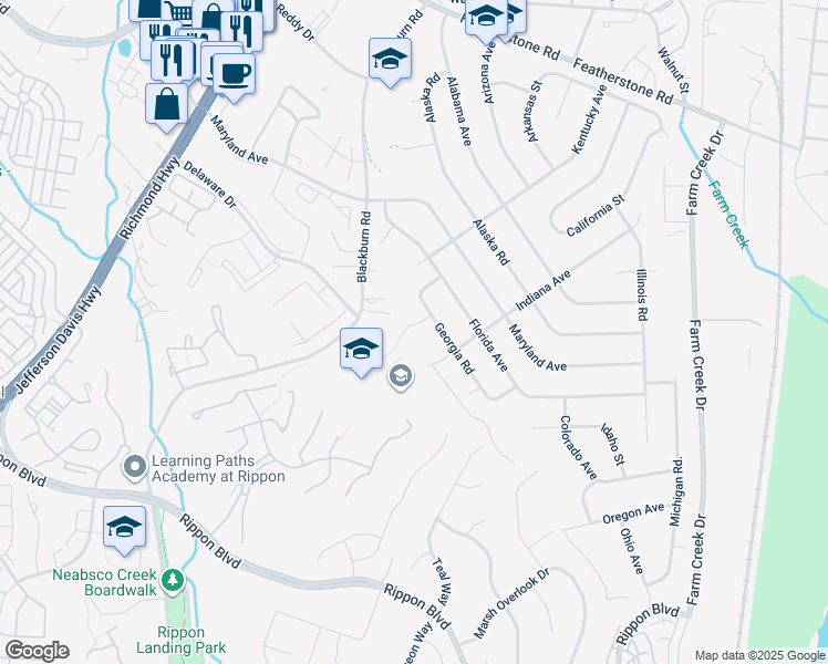 map of restaurants, bars, coffee shops, grocery stores, and more near 1705 Iowa Court in Woodbridge