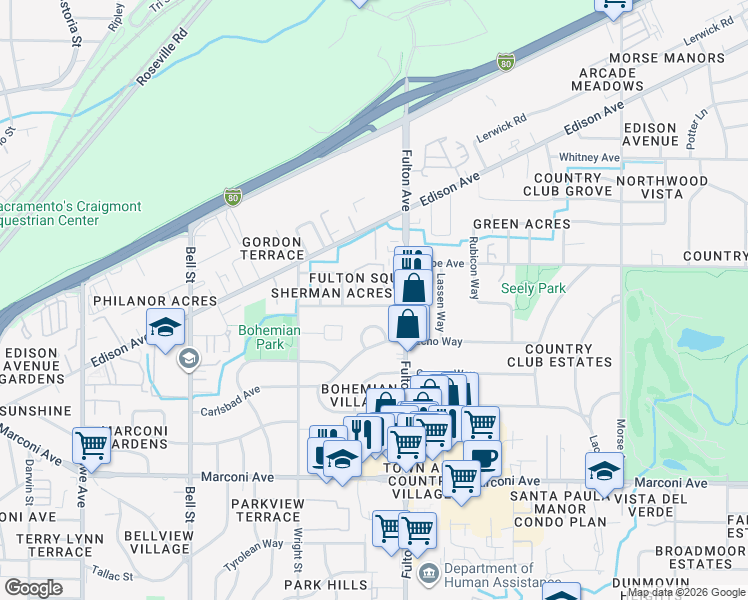 map of restaurants, bars, coffee shops, grocery stores, and more near 2548 Michelle Drive in Sacramento