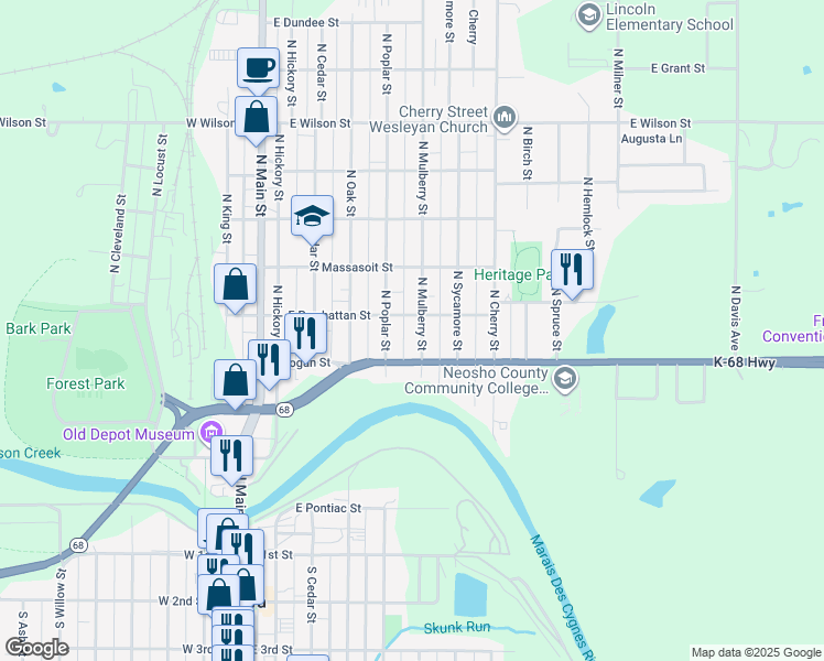 map of restaurants, bars, coffee shops, grocery stores, and more near 508 North Mulberry Street in Ottawa