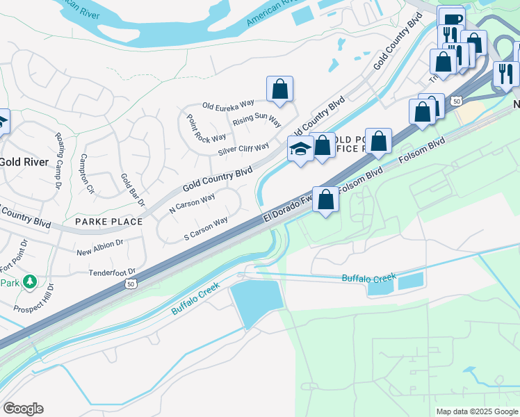 map of restaurants, bars, coffee shops, grocery stores, and more near Folsom South Canal in Rancho Cordova