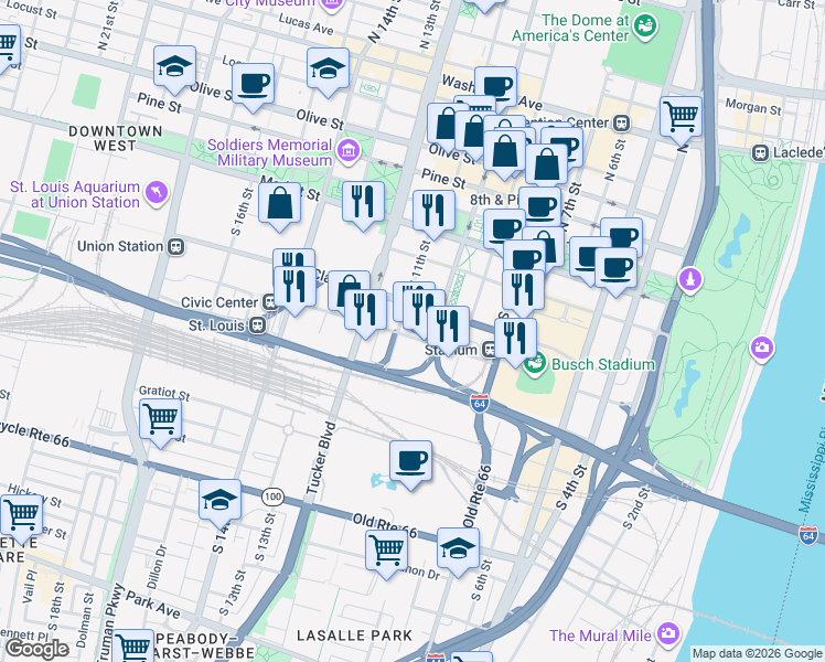 map of restaurants, bars, coffee shops, grocery stores, and more near 1023 Spruce Street in St. Louis