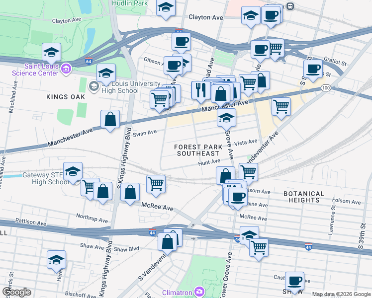 map of restaurants, bars, coffee shops, grocery stores, and more near 4427 Vista Avenue in St. Louis