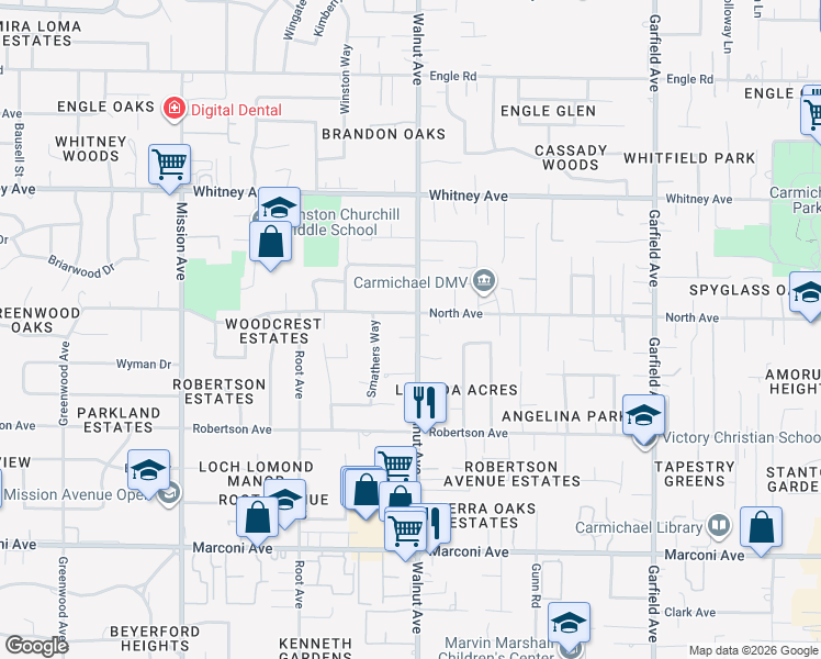 map of restaurants, bars, coffee shops, grocery stores, and more near 3217 Walnut Avenue in Carmichael