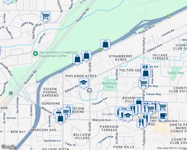 map of restaurants, bars, coffee shops, grocery stores, and more near in Arden-Arcade