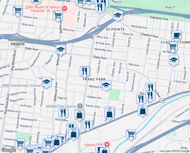 map of restaurants, bars, coffee shops, grocery stores, and more near in St. Louis