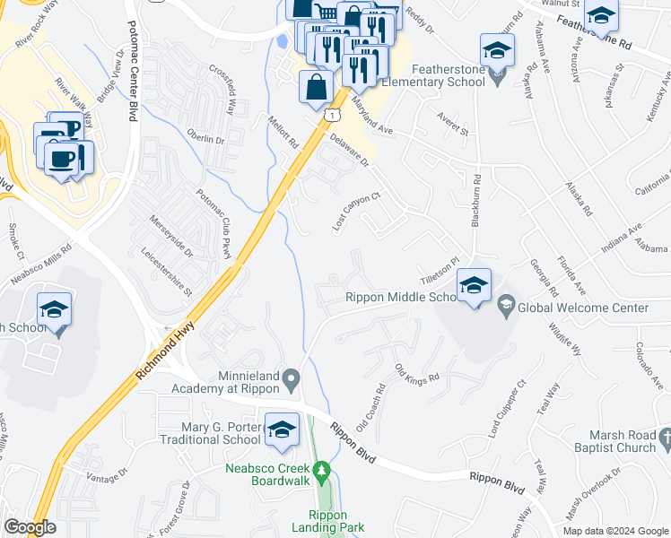 map of restaurants, bars, coffee shops, grocery stores, and more near 15168 Wentwood Lane in Woodbridge