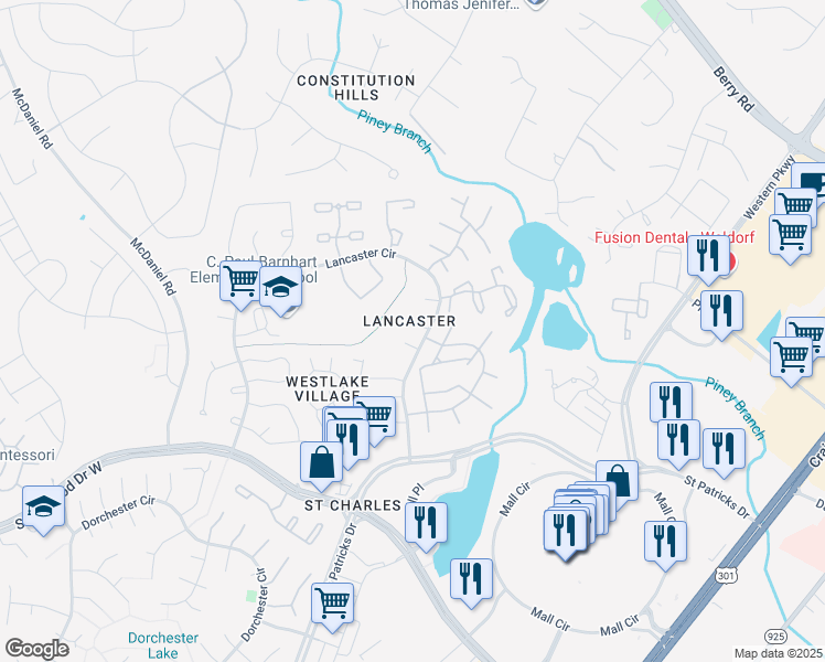 map of restaurants, bars, coffee shops, grocery stores, and more near 4124 Dunlin Court in Waldorf
