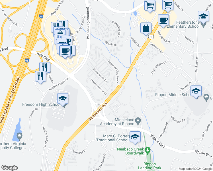 map of restaurants, bars, coffee shops, grocery stores, and more near 2263 Kew Gardens Drive in Woodbridge