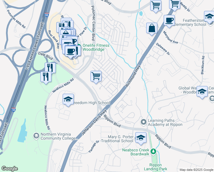map of restaurants, bars, coffee shops, grocery stores, and more near 15354 Kensington Park Drive in Woodbridge
