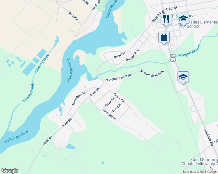 map of restaurants, bars, coffee shops, grocery stores, and more near 7744 Parlier Lane in Seaford