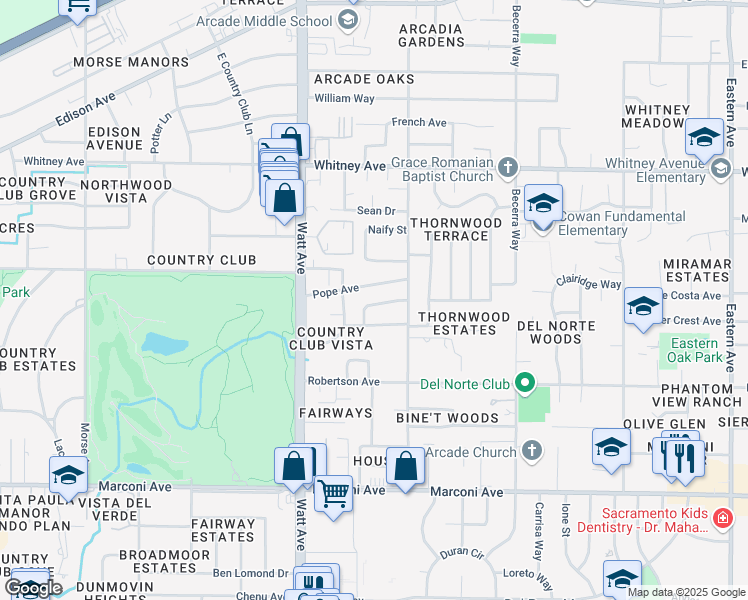 map of restaurants, bars, coffee shops, grocery stores, and more near 3621 Woodcrest Road in Sacramento