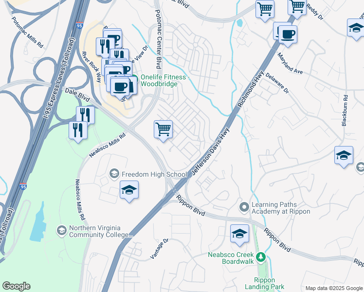 map of restaurants, bars, coffee shops, grocery stores, and more near 15354 Kensington Park Drive in Woodbridge