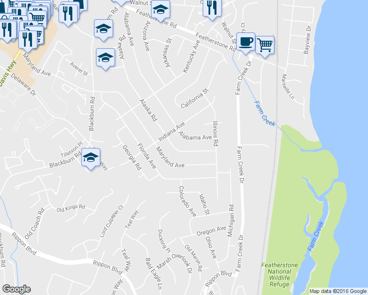 map of restaurants, bars, coffee shops, grocery stores, and more near 15115 Alaska Rd in Woodbridge