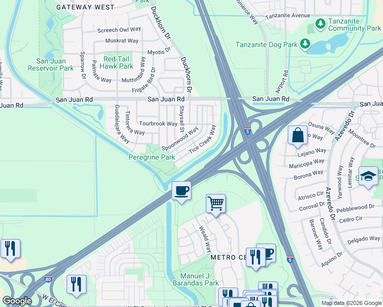 map of restaurants, bars, coffee shops, grocery stores, and more near 3080 Tice Creek Way in Sacramento