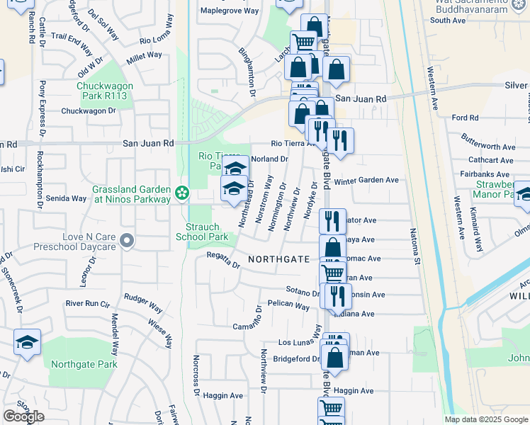 map of restaurants, bars, coffee shops, grocery stores, and more near 3153 Normington Drive in Sacramento