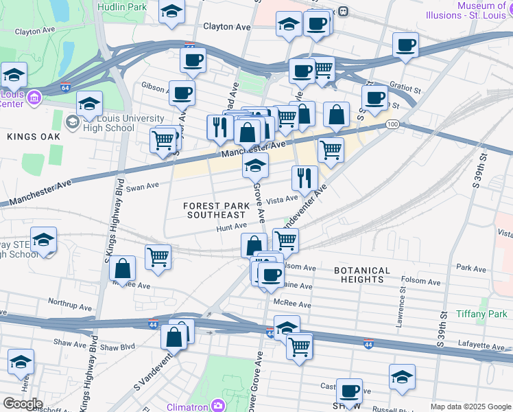 map of restaurants, bars, coffee shops, grocery stores, and more near 4307 Hunt Avenue in St. Louis
