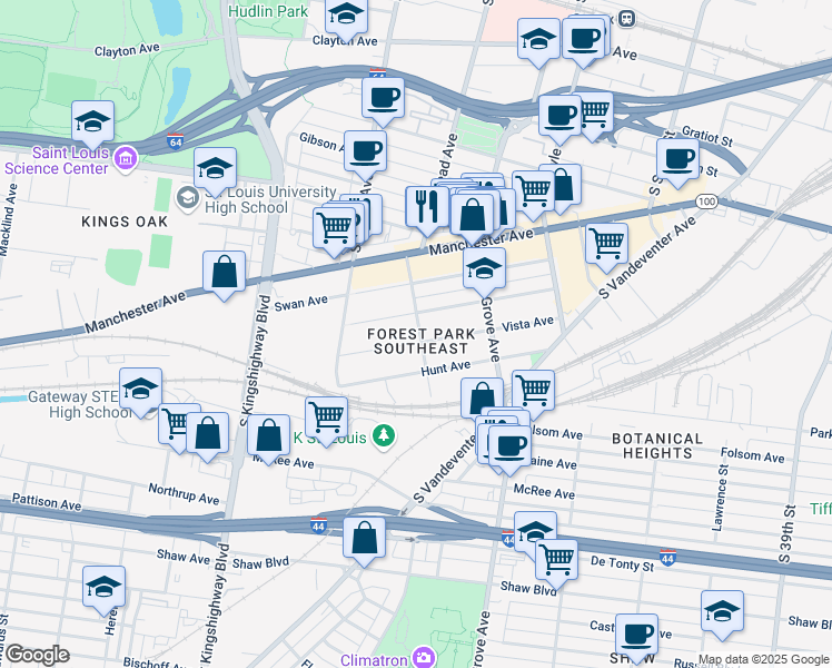 map of restaurants, bars, coffee shops, grocery stores, and more near in St. Louis