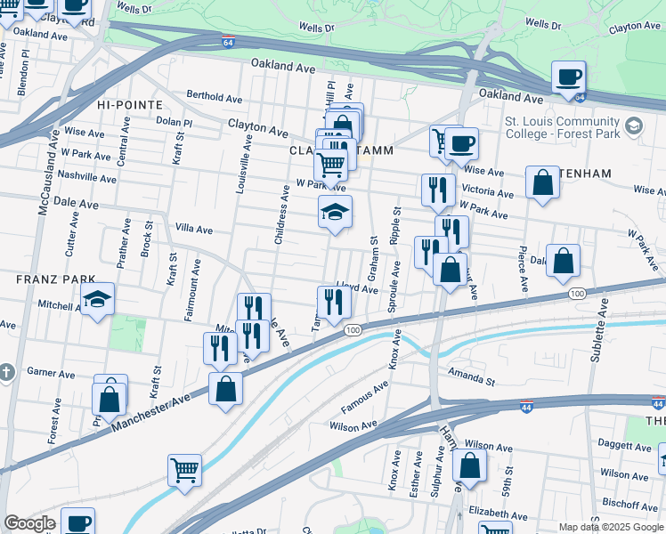 map of restaurants, bars, coffee shops, grocery stores, and more near 6400 Lloyd Avenue in St. Louis